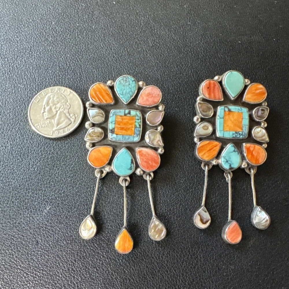 HUGE MAGNIFICENT VTG OSCAR BETZ NAVAJO STERLING MULTI STONE EARRINGS - Picture 2 of 7